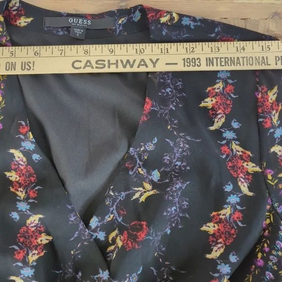 Guess Black Floral Faux Wrap Long Sleeve Mini Dress (no belt) - Picture 13 of 16